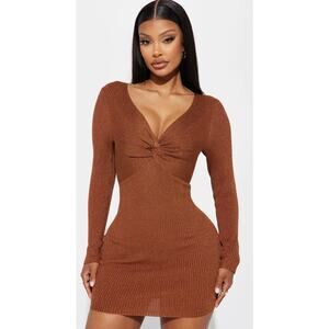 Fashion Nova - Women's Ahna Metallic Rust L/S Ribbed Mini Dress - Sz S - NWT